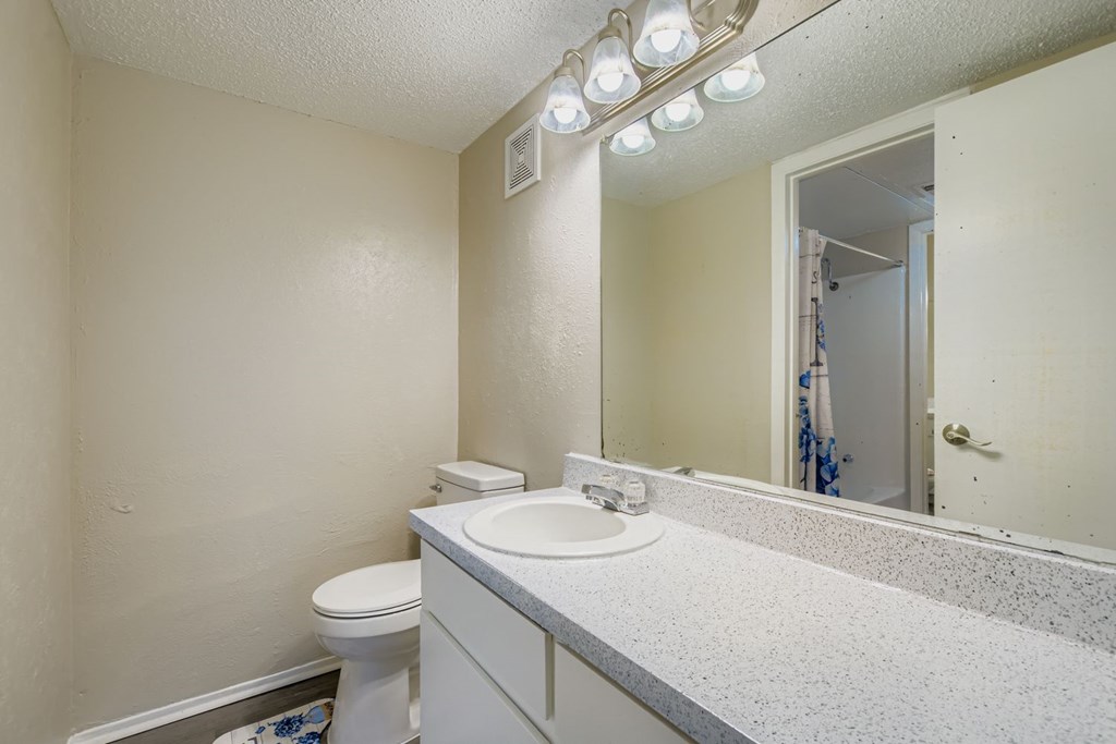 A bathroom with a toilet, sink, and mirror.