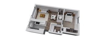 A 3D floor plan of a house with a kitchen, living room, and two bedrooms.