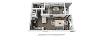 A 3D rendering of a modern apartment layout with a living room, kitchen, and bedrooms.