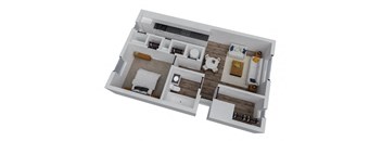 A dollhouse with a kitchen, living room, and bedrooms.