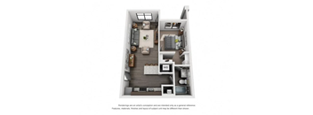 A floor plan of a small apartment with a living room, kitchen, and bedroom.