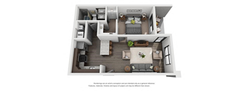 A 3D rendering of a modern apartment layout with a living room, kitchen, and bedrooms.