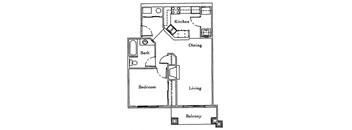 A floor plan of a living space showing a kitchen, dining area, and bedroom.