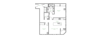 A floor plan of a house with a living dining room, kitchen, two bathrooms, and three bedrooms.