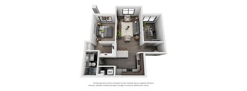 A 3D rendering of a modern apartment layout.