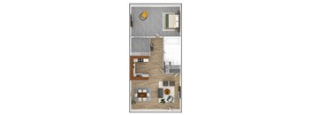 A top-down view of a small apartment with a kitchen, living room, and bathroom.