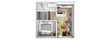 A floor plan of a small apartment with a bedroom, living room, and kitchen.
