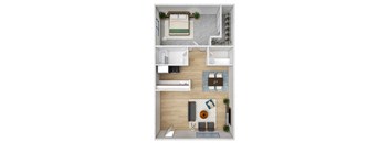 A top-down view of a small apartment with a bedroom, living room, and kitchen.