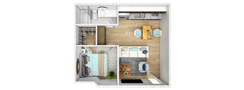 A top-down view of a small apartment with a kitchen, living room, and bedroom.