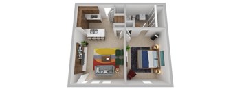 A top down view of a small apartment with a living room, kitchen, and bedroom.