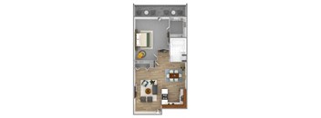 A floor plan of a small apartment with a kitchen, living room, and bathroom.
