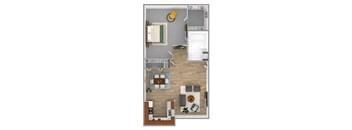 A floor plan of a small apartment with a kitchen, living room, and bathroom.