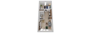 A top down view of a small apartment with a kitchen, living room, and bathroom.