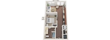 A floor plan of a small apartment with a bedroom, living room, and bathroom.