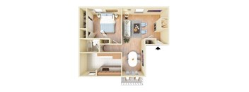 A top-down view of a small, neatly organized apartment with a bed, a desk, a kitchenette, and a bathroom.