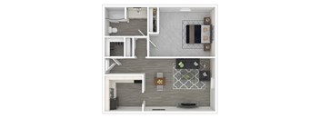 A top-down view of a modern apartment layout with a kitchen, living room, and bathroom.