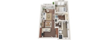 A floor plan of a one bedroom apartment with a living room, kitchen, and bathroom.