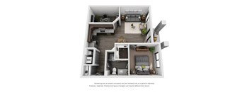 A 3D floor plan of a small apartment with a kitchen, living room, and bedroom.