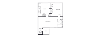 a floor plan of a studio apartment with a bedroom and a living room