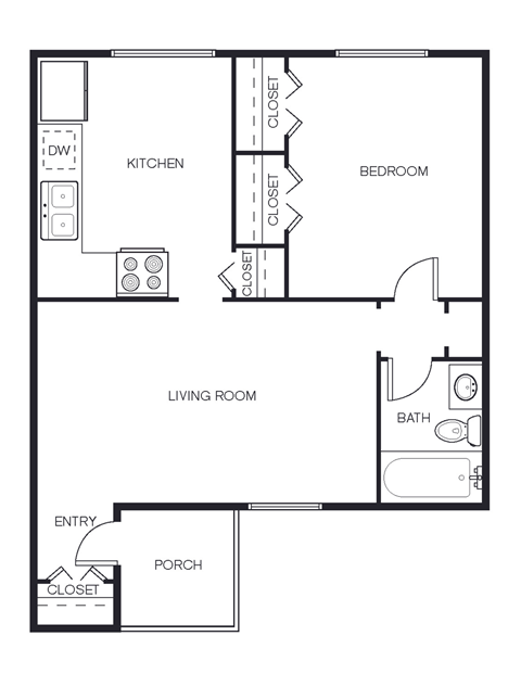 a floor plan of a studio apartment with a bedroom and a living room