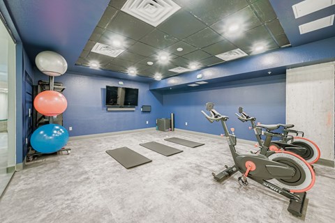 A gym with exercise equipment and a television.