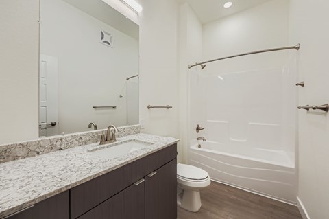 A bathroom with a marble countertop and a walk-in shower.