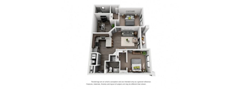A floor plan of a house with a living room, kitchen, and two bedrooms.