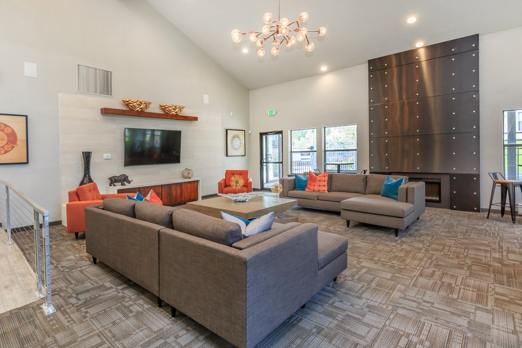 A living room with a grey couch and a television.