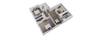 A 3D floor plan of a small apartment with two bedrooms and a living area.