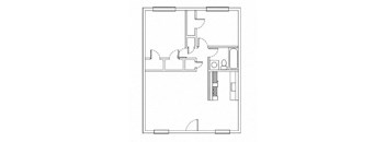A floor plan of a house with a kitchen, living room, and two bedrooms.