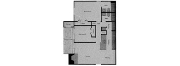 A floor plan of a house with two bedrooms, a living area, a deck or patio, and a storage area.
