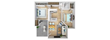 A top-down view of a house layout with a kitchen, living room, dining area, and bathroom.
