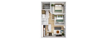 A top-down view of a small apartment with a bed, a couch, a kitchen area, and a bathroom.