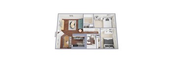 A top-down view of a small apartment layout with a kitchen, living room, and bedroom.