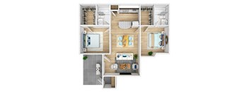 A top-down view of a modern apartment layout with a kitchen, living room, dining area, and bathroom.