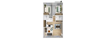 A floor plan of a small apartment with a kitchen, living room, and bathroom.