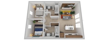 A 3D floor plan of a small apartment with a kitchen, living room, and bedroom.