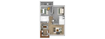 A floor plan of a house with a kitchen, living room, dining room, and bathroom.