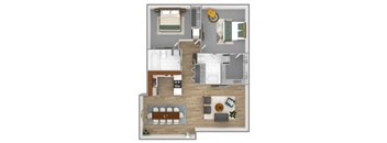 A floor plan of a house with a kitchen, living room, dining room, and bedrooms.