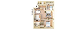 A dollhouse with a white sofa and a round table.