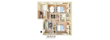 A diagram of a house with a kitchen, living room, and bathroom.