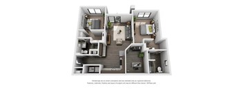 A 3D floor plan of a house with a kitchen, living room, and two bedrooms.