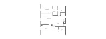 A floor plan of a house with a living room, dining room, kitchen, and two bedrooms.