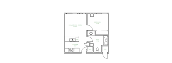 A floor plan of a small apartment with a living room, kitchen, bathroom, and bedroom.