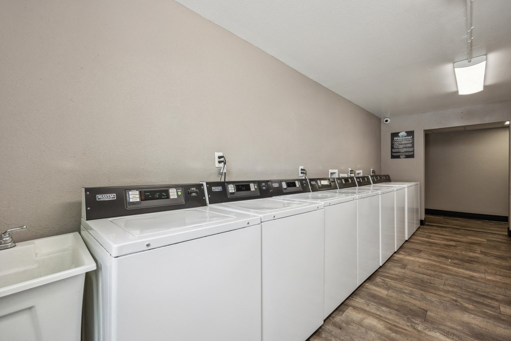 a row of washers and dryers in a laundry room