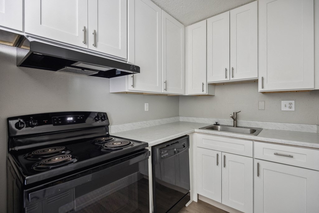 a kitchen with white cabinets and black appliances and a sink
