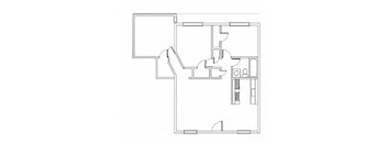 A floor plan of a house with a kitchen, living room, and two bedrooms.