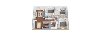 A top-down view of a small apartment with a bedroom, living room, kitchen, and bathroom.