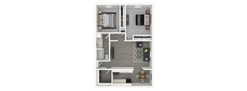 A top-down view of a small apartment with a kitchen, living room, and bathroom.