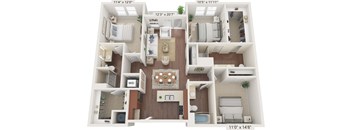 A floor plan of a small apartment with a living room, kitchen, and bathroom.